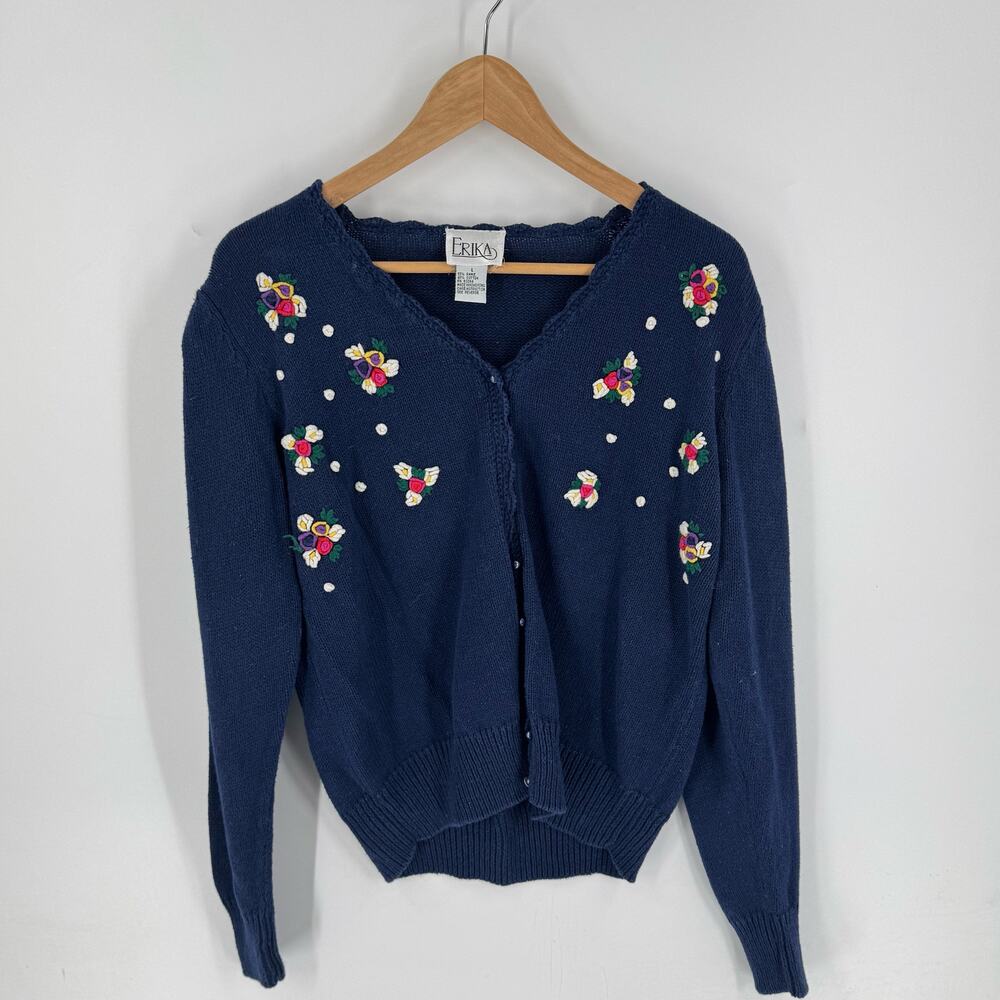 Vintage Erika Floral Embroidered 3D Knit Cardigan Sweater Navy Blue‎ Size Large